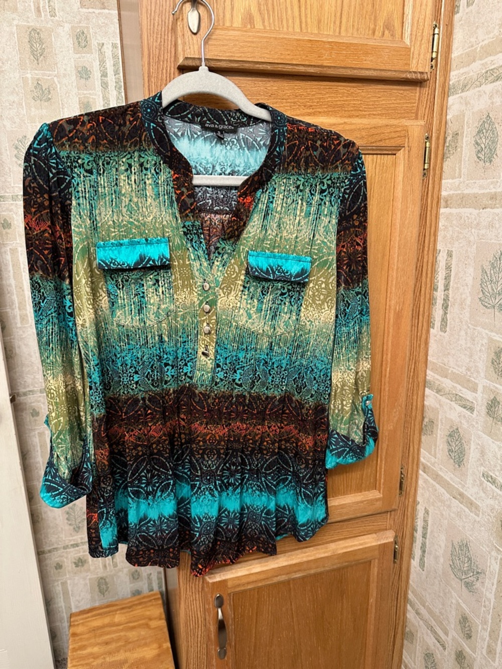 Ava & Grace Teal, Black and Olive Patterned Button-Front Blouse